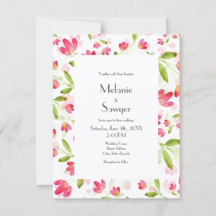 Three Coral Pink Watercolor Flower Stems Pattern Invitation