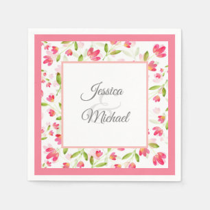 Three Coral Pink Watercolor Flower Stems Pattern Napkin