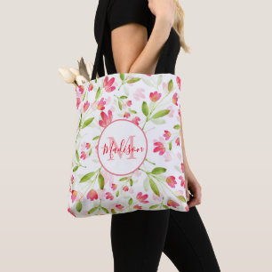 Three Coral Pink Watercolor Flower Stems Pattern Tote Bag
