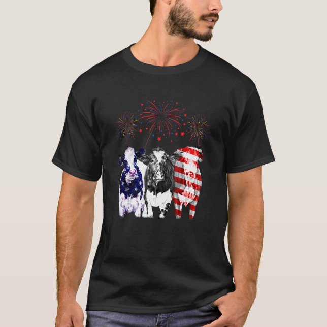 Three Cow Us Flag Farmer T-Shirt (Front)