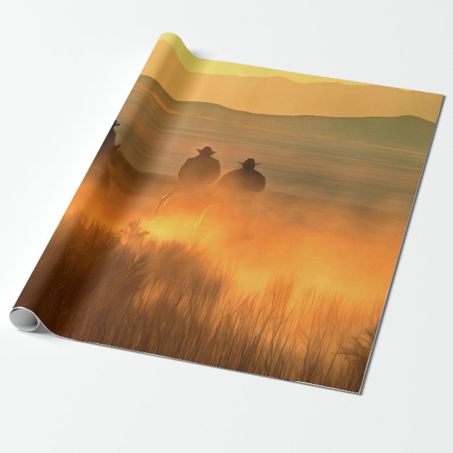 Three cowboy galloping on a background of mountain wrapping paper (Unrolled)