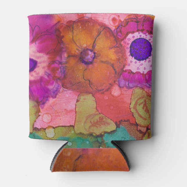 Three Crazy Flowers Boho Alcohol INk Design Can Cooler (Front)