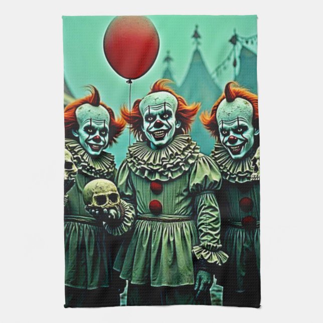 Three Creepy Clowns Skull Fear Design Tea Towel (Vertical)