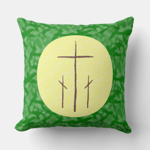 Three Crosses Calvary on Yellow on Green Fractal Cushion