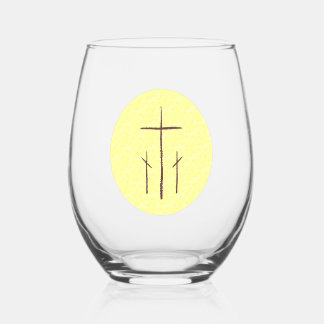 Three Crosses on Calvary Yellow Stemless Wine Glass
