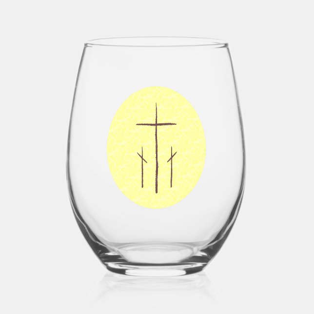 Three Crosses on Calvary Yellow Stemless Wine Glass (Front)