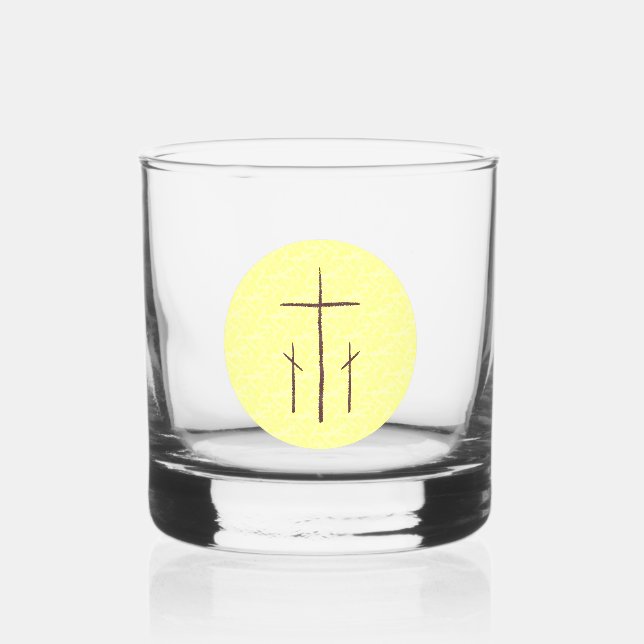 Three Crosses on Calvary Yellow Whiskey Glass (Front)