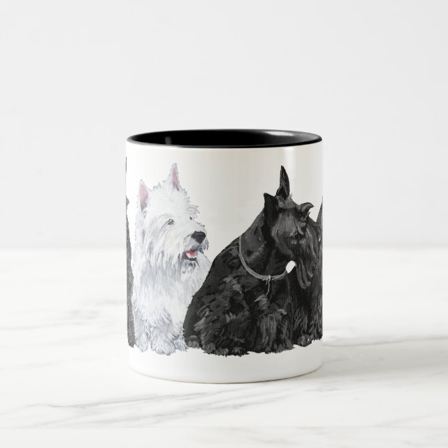 Three Curious Scotties and a Westie Two-Tone Coffee Mug (Center)