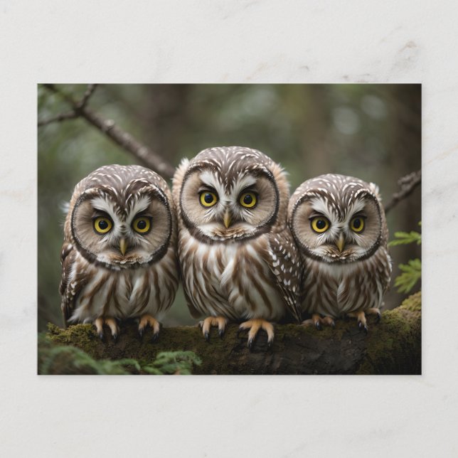 Three Cute Baby Owls With Big Eyes  Postcard (Front)