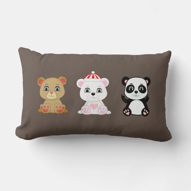 Three cute bear cartoons on coffee brown lumbar cushion (Front)