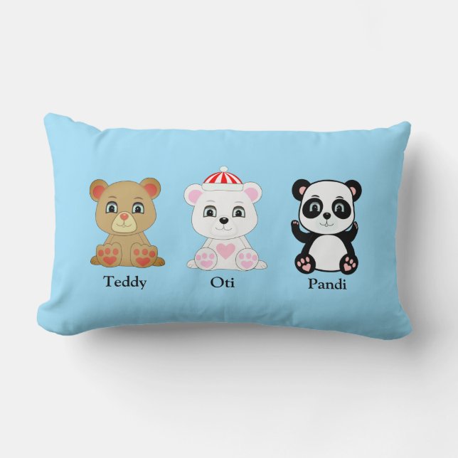 Three cute bear cartoons on Columbia Blue Lumbar Cushion (Front)