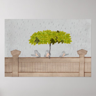 Three Cute Birds in the Rain Poster