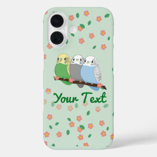 Three Cute Budgies Floral Cherry Blossom iPhone 16 Case