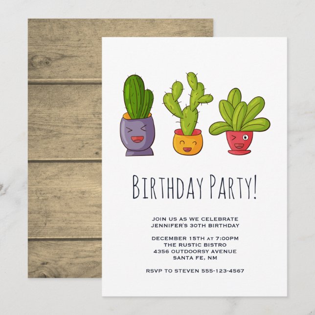 Three Cute Cactus Illustration Birthday Party Invitation (Front/Back)