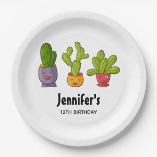 Three Cute Cactus in Flower Pots Fun Birthday Paper Plate