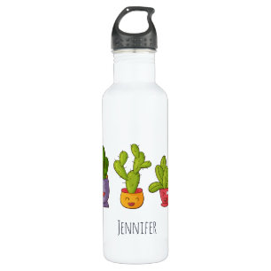 Three Cute Cactus in Flower Pots Fun Illustration 710 Ml Water Bottle