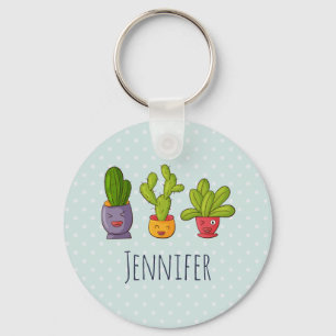 Three Cute Cactus in Flower Pots Fun Illustration Key Ring