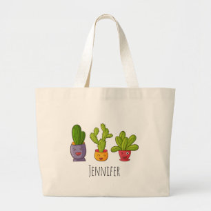 Three Cute Cactus in Flower Pots Fun Illustration Large Tote Bag