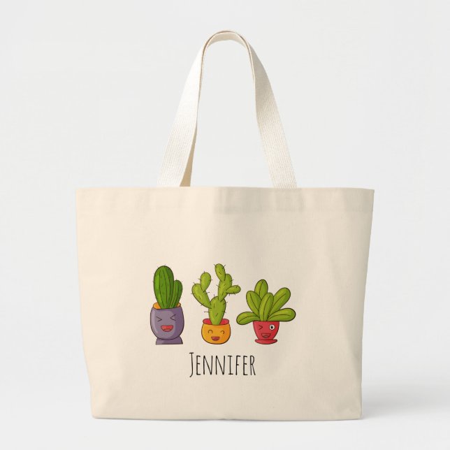 Three Cute Cactus in Flower Pots Fun Illustration Large Tote Bag (Front)