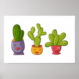 Three Cute Cactus in Flower Pots Fun Illustration Poster