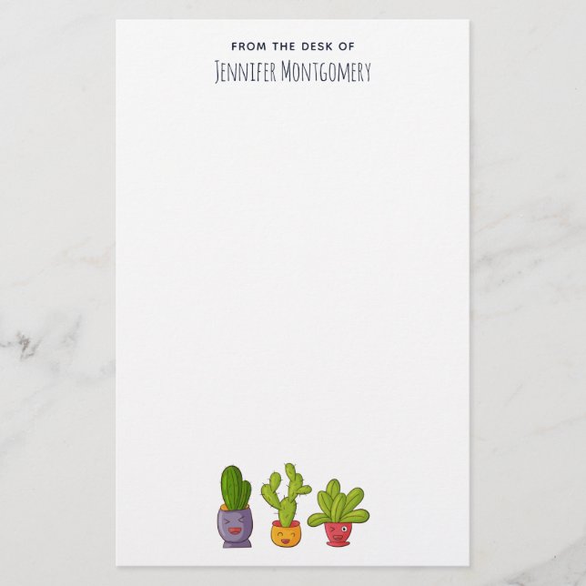 Three Cute Cactus in Flower Pots Fun Illustration Stationery (Front)