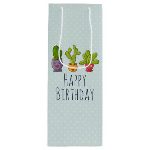 Three Cute Cactus in Flower Pots Fun Illustration Wine Gift Bag