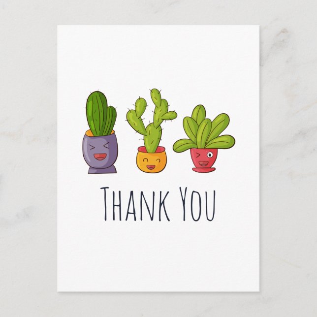 Three Cute Cactus in Flower Pots Fun Thank You Postcard (Front)