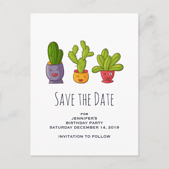 Three Cute Cactus in Flower Pots Save the Date Invitation Postcard (Front)