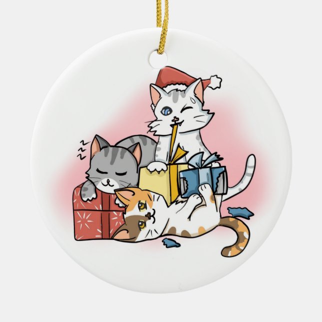 Three Cute Cartoon Christmas Kittens unwrap Gifts  Ceramic Tree Decoration (Front)