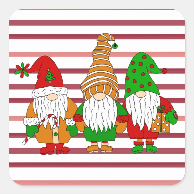 Three cute Christmas Gnomes Festive Holiday  Square Sticker (Front)