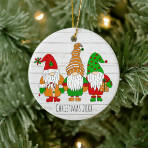 Three Cute Christmas Gnomes Personalised Holiday Ceramic Tree Decoration