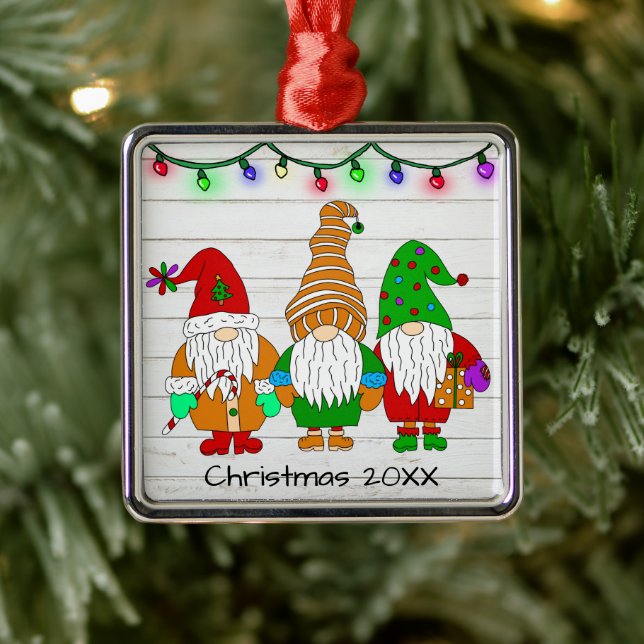 Three Cute Christmas Gnomes Personalised Holiday  Metal Tree Decoration (Tree)