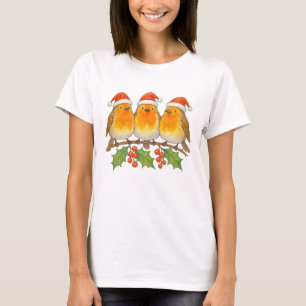 Three Cute Christmas Robins in Santa Hats T-Shirt