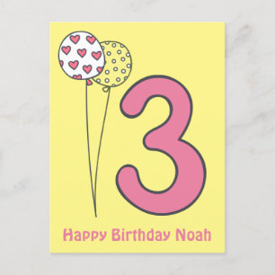 Three - Cute Colourful Kids 3rd Birthday Postcard