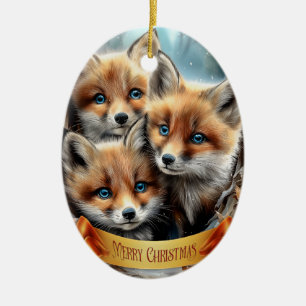Three Cute Fox Cubs in Forest Ceramic Tree Decoration