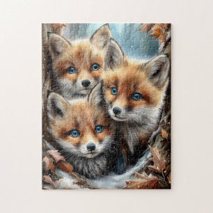 Three Cute Fox Cubs in Forest Jigsaw Puzzle