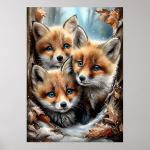 Three Cute Fox Cubs in Forest Poster