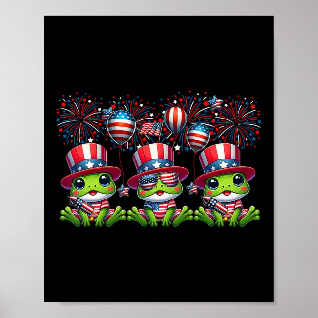 Three Cute Frogs Costume 4th July Proud Flag Firew Poster (Front)