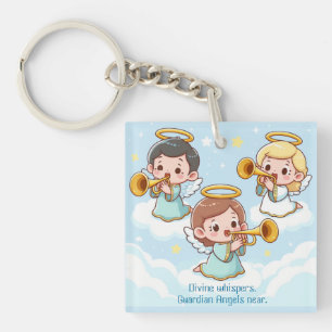 Three cute guardian angels playing trumpets key ring