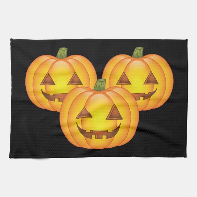 Three Cute Halloween Jack O’Lantern Pumpkins Tea Towel (Horizontal)