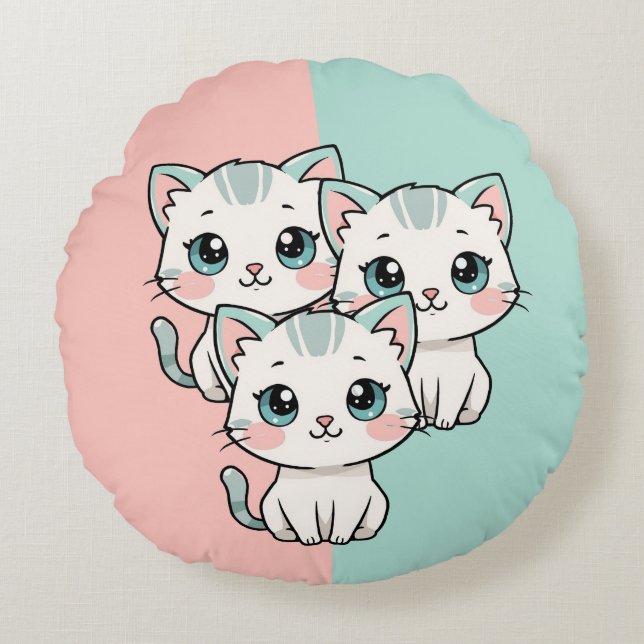 Three Cute Kawai Cats Round Cushion (Front)