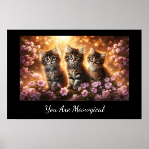 Three Cute Kittens with Pink Flowers  Poster