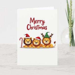 Three Cute Lion Cubs Christmas Card with Reindeer