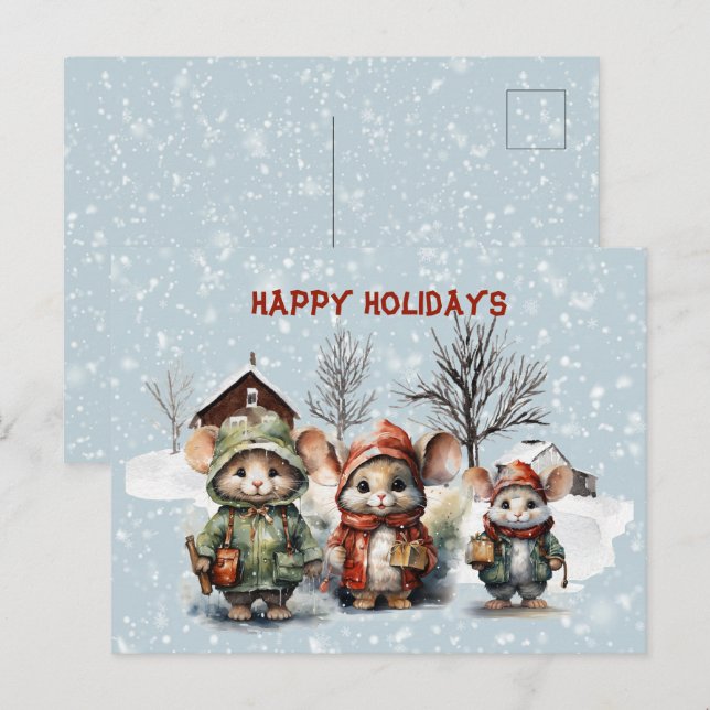Three Cute Litte Mice At the Farm Happy Holidays Holiday Postcard (Front/Back)