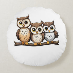 Three Cute Little Owl Round Cushion