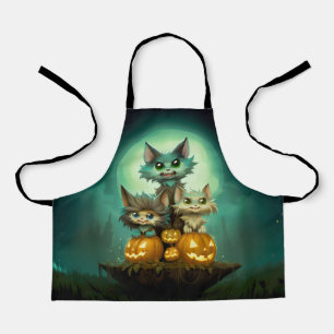 Three cute little wolf cubs are celebrating Hallow Apron