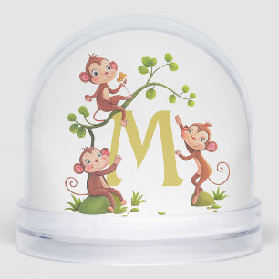 Three Cute Lucky Monkeys and Monogram Snowglobe