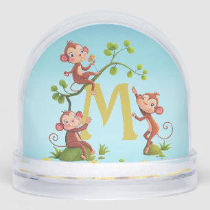 Three Cute Lucky Monkeys and Monogram Snowglobe