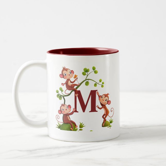 Three Cute Monkeys and Maroon Monogram Mug (Left)
