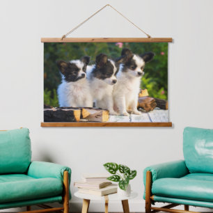 Three Cute Papillon Puppies on a Garden Bench Hanging Tapestry